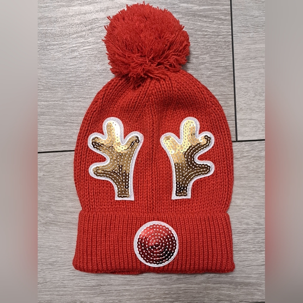 George Red Beanie with Gold Sequin Antlers